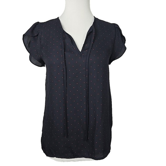 fun2fun Tops - fun2fun Navy Red Dot Print Chiffon Tie-Front Flutter Sleeve Blouse Size Xs